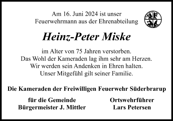 Traueranzeige von Heinz-Peter Miske von Schleswiger Nachrichten, Schlei-Bote