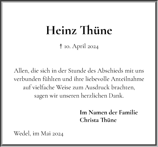 Traueranzeige von Heinz Thüne von Wedel-Schulauer Tageblatt, tip Wedel-Schulauer Tageblatt, tip Rissener Rundschau