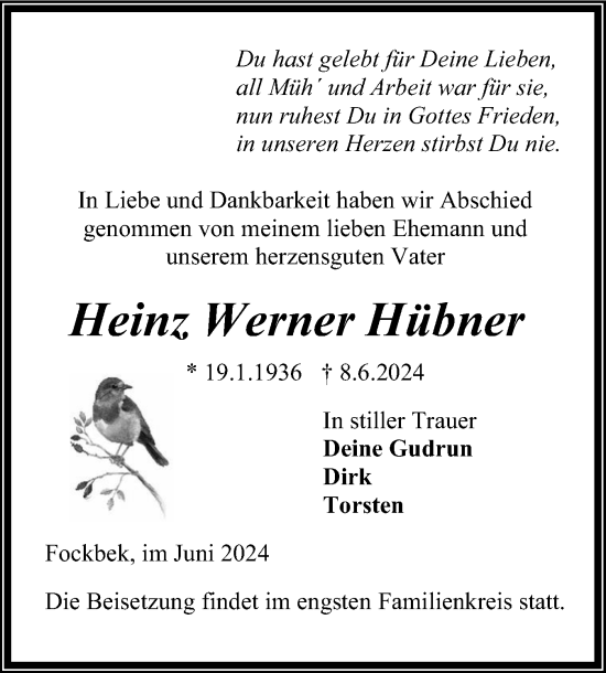 Traueranzeige von Heinz Werner Hübner von Schleswig-Holsteinische Landeszeitung