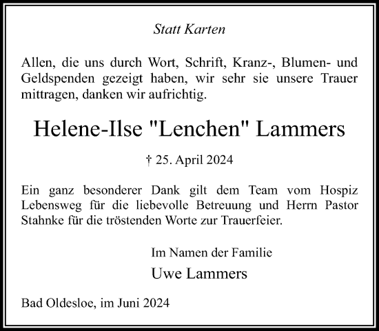 Traueranzeige von Helene-Ilse Lammers von Stormaner Tageblatt