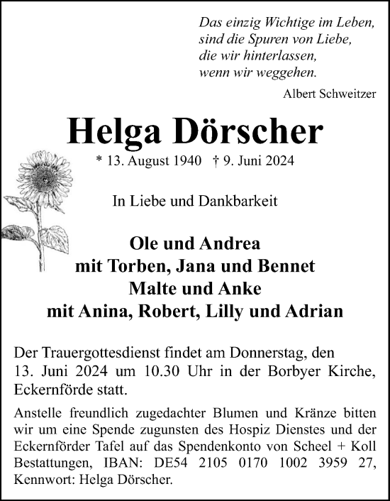 Traueranzeige von Helga Dörscher von Eckernförder Zeitung, Hallo Eckernförde