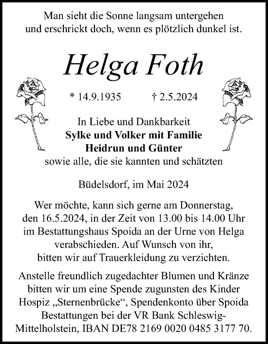 Traueranzeige von Helga Foth von Schleswig-Holsteinische Landeszeitung