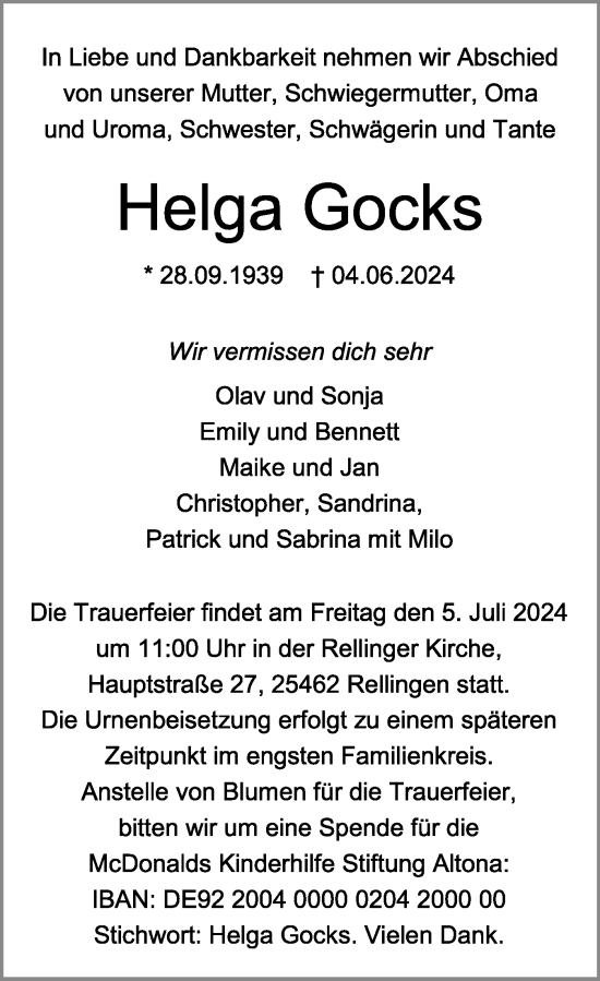Traueranzeige von Helga Gocks von Region Pinneberg und tip Pinneberg