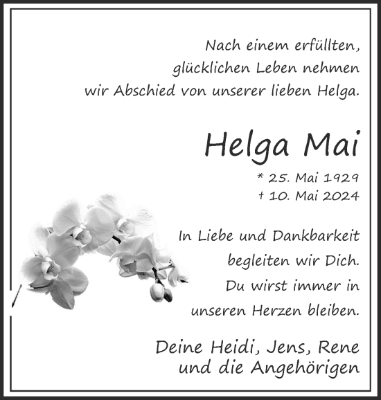 Traueranzeige von Helga Mai von Uetersener Nachrichten, Der tip am Wochenende