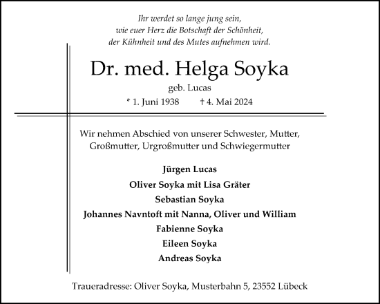 Traueranzeige von Helga Soyka von Flensburger Tageblatt