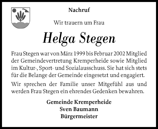 Traueranzeige von Helga Stegen von Norddeutsche Rundschau, Wilstersche Zeitung, Glückstädter Fortuna