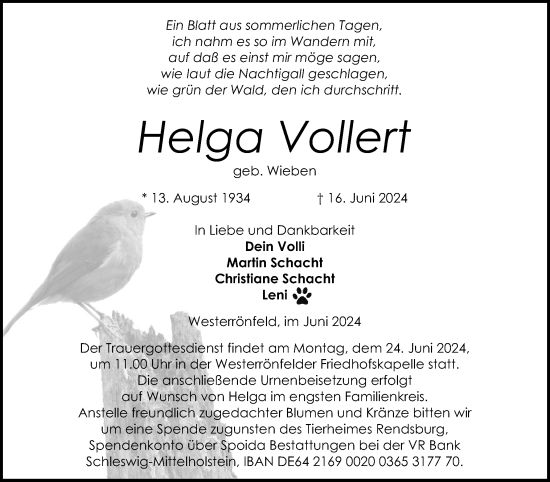 Traueranzeige von Helga Vollert von Schleswig-Holsteinische Landeszeitung