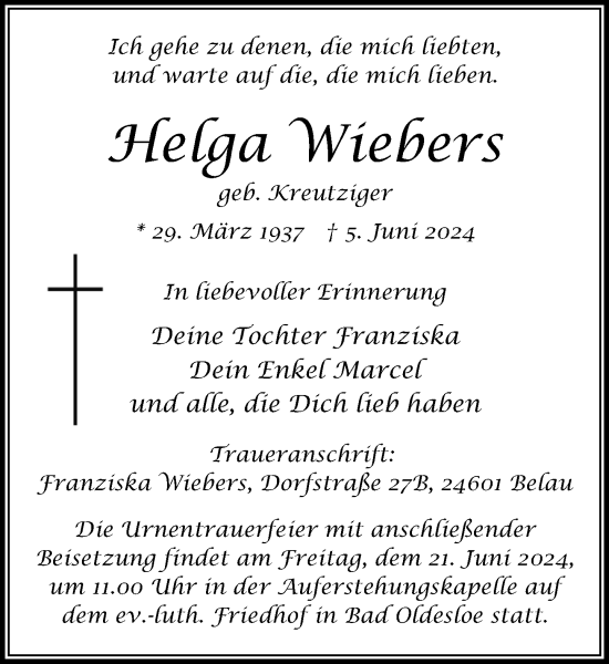 Traueranzeige von Helga Wiebers von Stormaner Tageblatt