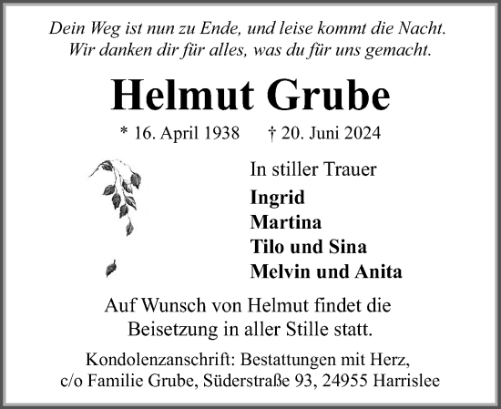 Traueranzeige von Helmut Grube von Flensburger Tageblatt