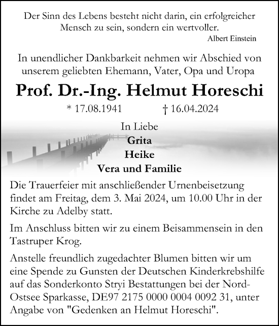 Traueranzeige von Helmut Horeschi von Flensburger Tageblatt