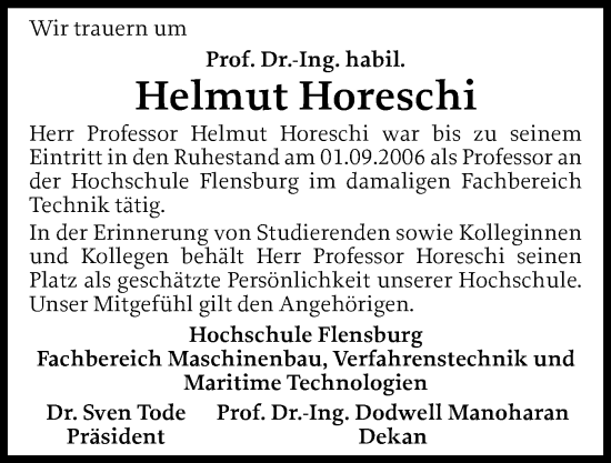 Traueranzeige von Helmut Horeschi von Flensburger Tageblatt