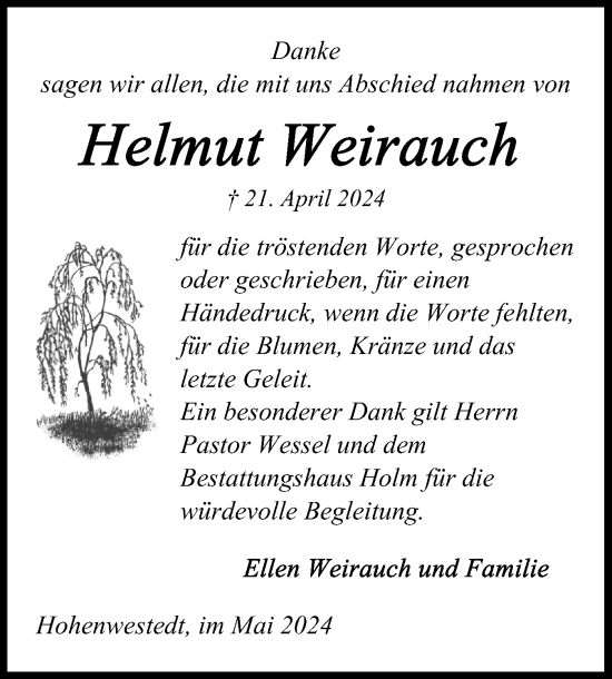 Traueranzeige von Helmut Weirauch von Schleswig-Holsteinische Landeszeitung