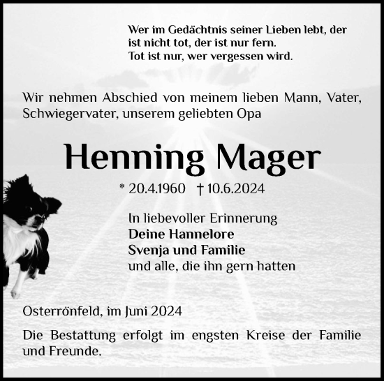Traueranzeige von Henning Mager von Schleswig-Holsteinische Landeszeitung
