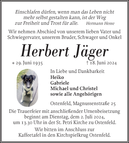 Traueranzeige von Herbert Jäger von Husumer Nachrichten, Nordfriesland Tageblatt