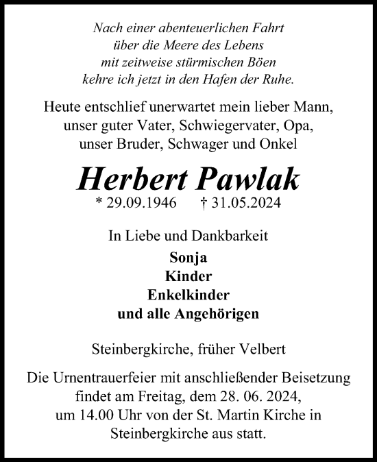 Traueranzeige von Herbert Pawlak von Flensburger Tageblatt