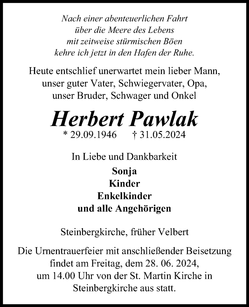  Traueranzeige für Herbert Pawlak vom 22.06.2024 aus Flensburger Tageblatt