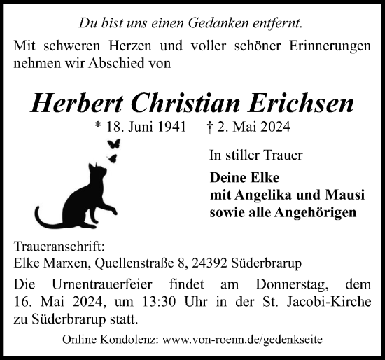 Traueranzeige von Herbert Christian Erichsen von Schleswiger Nachrichten, Schlei-Bote