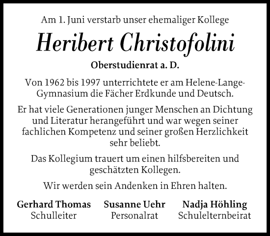 Traueranzeige von Heribert Christofolini von Schleswig-Holsteinische Landeszeitung