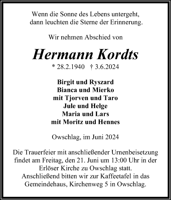 Traueranzeige von Hermann Kordts von Schleswig-Holsteinische Landeszeitung