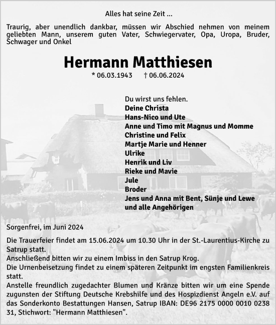 Traueranzeige von Hermann Matthiesen von Flensburger Tageblatt, Schleswiger Nachrichten, Schlei-Bote