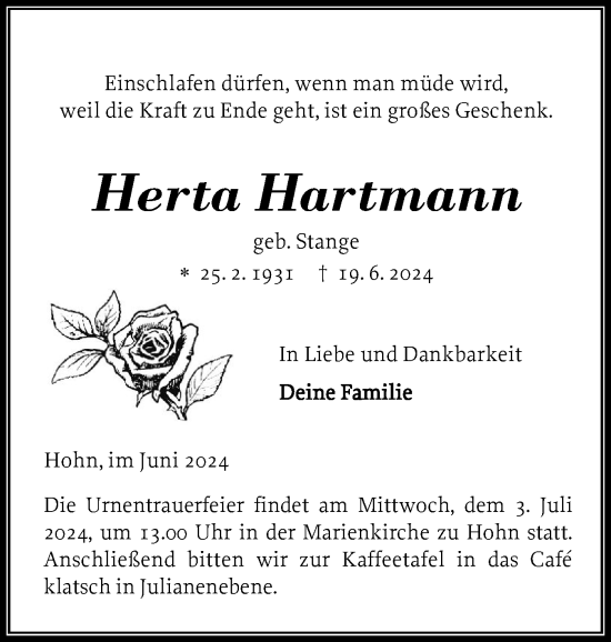 Traueranzeige von Herta Hartmann von Schleswig-Holsteinische Landeszeitung