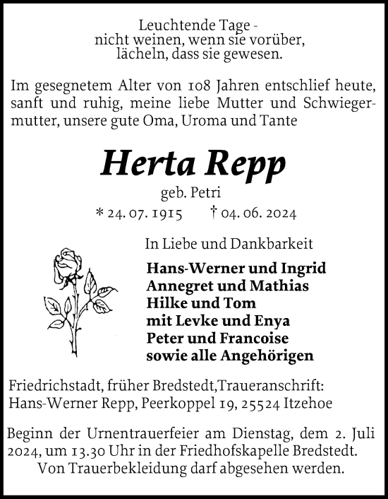 Traueranzeige von Herta Repp von Husumer Nachrichten, Nordfriesland Tageblatt