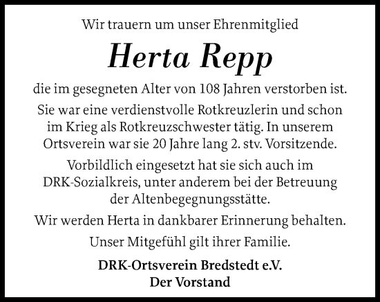 Traueranzeige von Herta Repp von Husumer Nachrichten, Nordfriesland Tageblatt