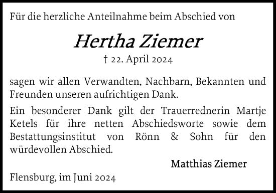 Traueranzeige von Hertha Ziemer von Flensburger Tageblatt, Schleswiger Nachrichten, Schlei-Bote