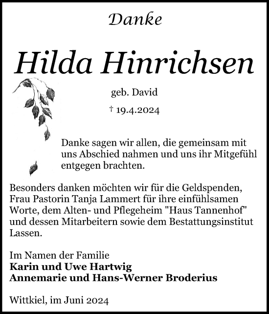 Traueranzeige von Hilda Hinrichsen von Schleswiger Nachrichten, Schlei-Bote