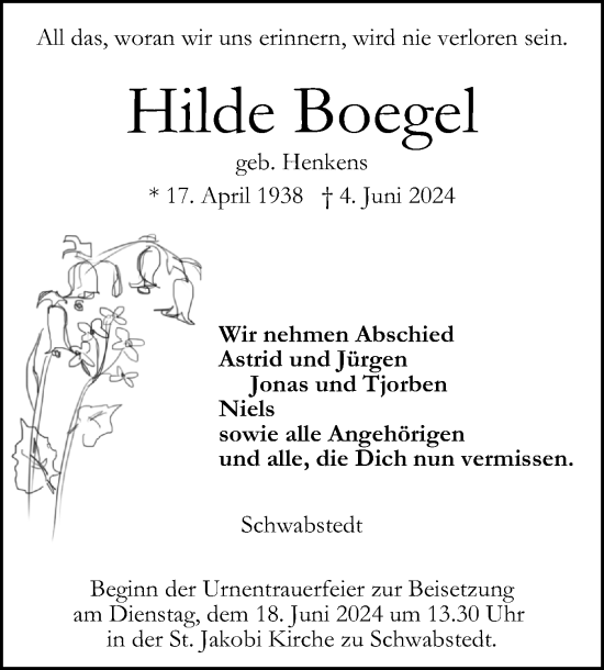 Traueranzeige von Hilde Boegel von Husumer Nachrichten, Nordfriesland Tageblatt
