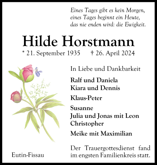 Traueranzeige von Hilde Horstmann von Ostholsteiner Anzeiger