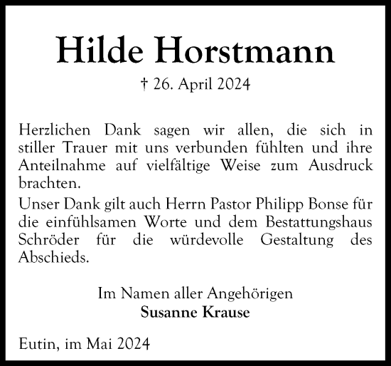 Traueranzeige von Hilde Horstmann von Ostholsteiner Anzeiger