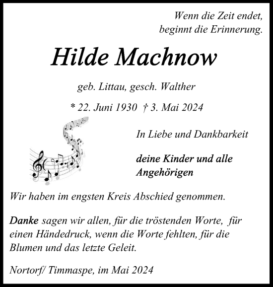 Traueranzeige von Hilde Machnow von Schleswig-Holsteinische Landeszeitung