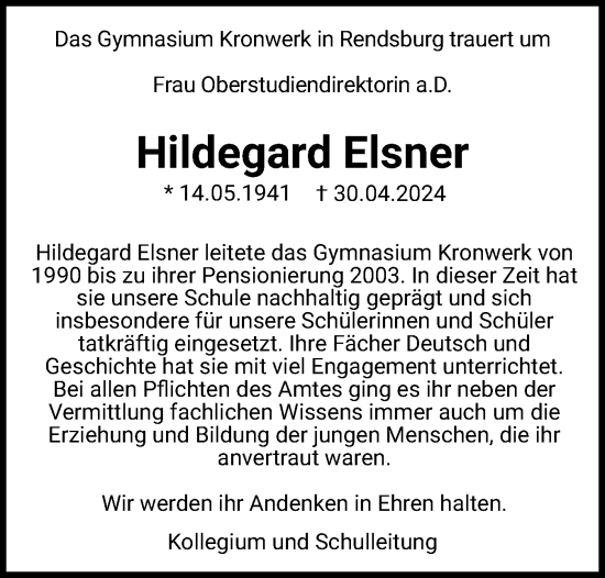 Traueranzeige von Hildegard Elsner von Schleswig-Holsteinische Landeszeitung