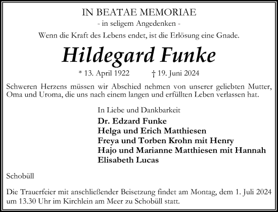 Traueranzeige von Hildegard Funke von Husumer Nachrichten, Nordfriesland Tageblatt
