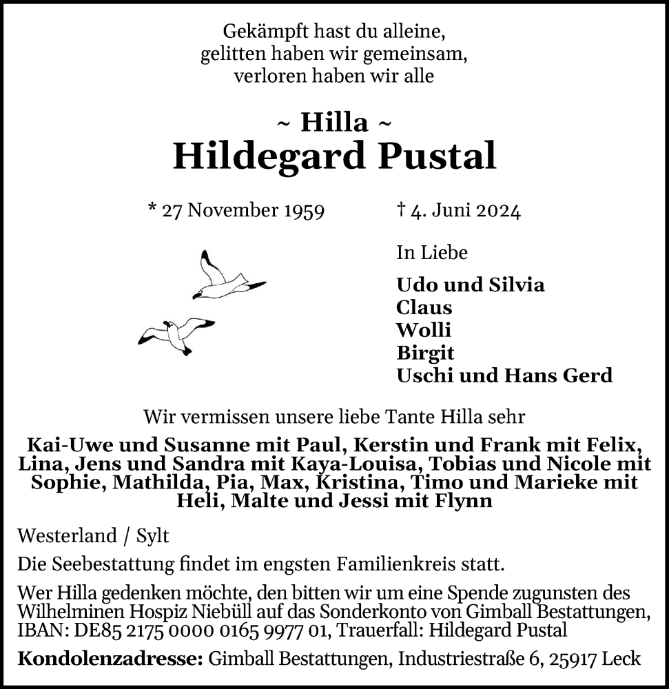  Traueranzeige für Hildegard Pustal vom 08.06.2024 aus Region Westküste