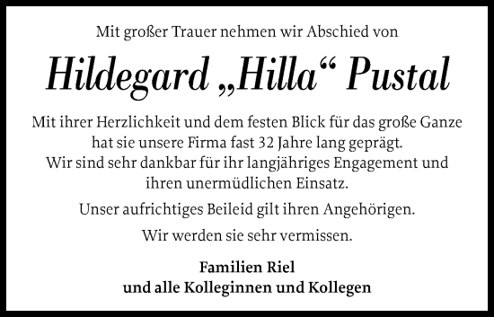 Traueranzeige von Hildegard Pustal von Sylter Rundschau