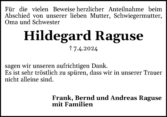 Traueranzeige von Hildegard Raguse von Region Flensburg