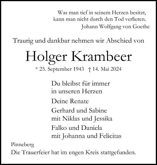 Traueranzeige von Holger Krambeer von Region Pinneberg und tip Pinneberg