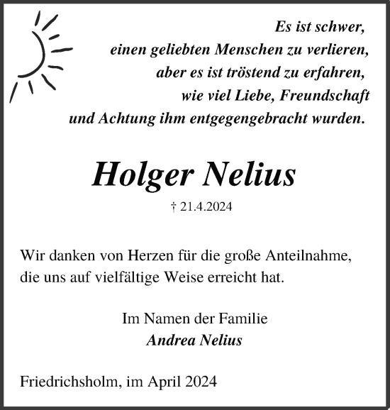 Traueranzeige von Holger Nelius von Schleswig-Holsteinische Landeszeitung