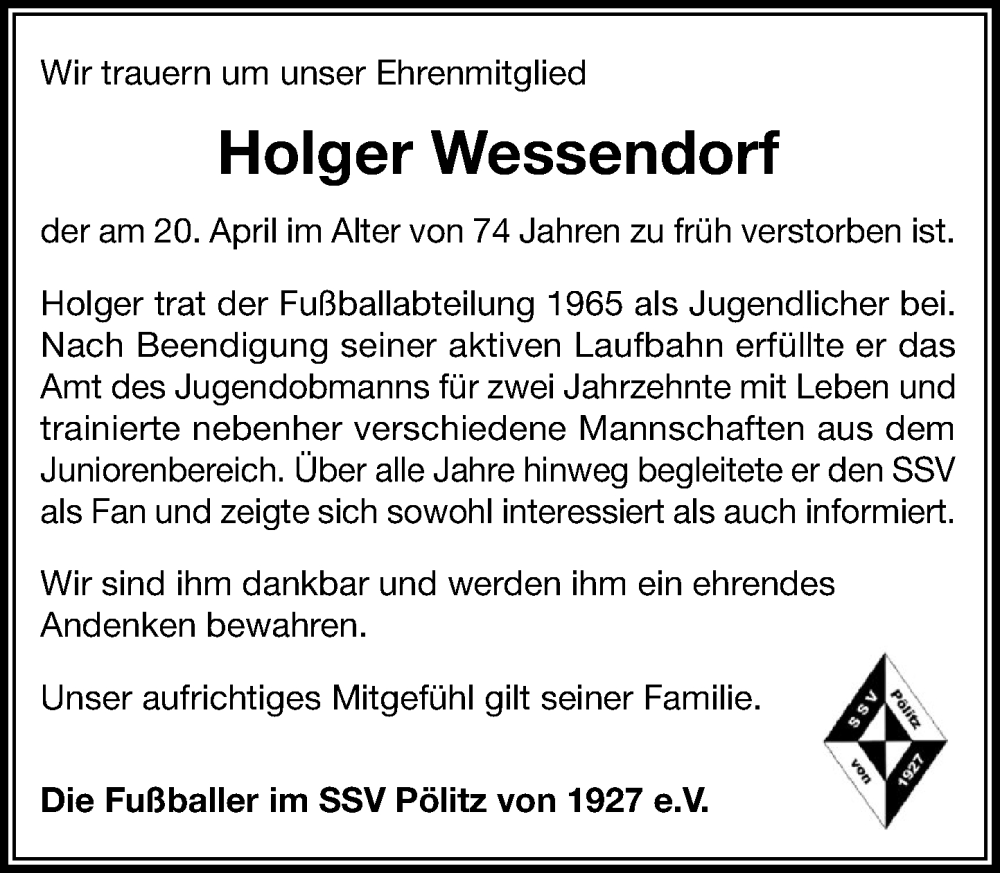  Traueranzeige für Holger Wessendorf vom 11.05.2024 aus Stormaner Tageblatt