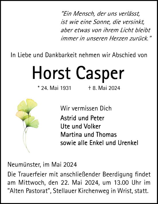 Traueranzeige von Horst Casper von Holsteinischer Courier