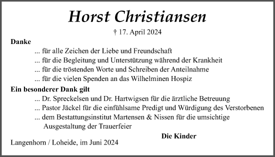 Traueranzeige von Horst Christiansen von Husumer Nachrichten, Nordfriesland Tageblatt