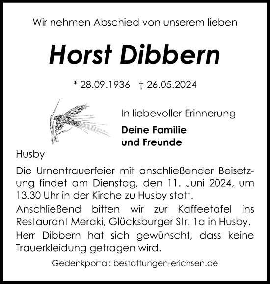 Traueranzeige von Horst Dibbern von Flensburger Tageblatt