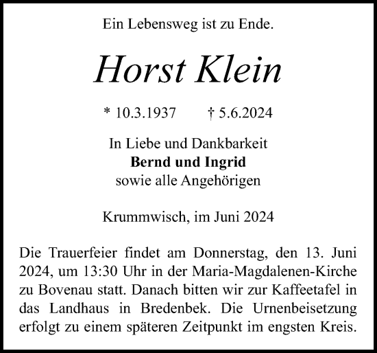 Traueranzeige von Horst Klein von Schleswig-Holsteinische Landeszeitung