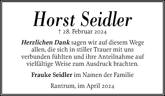 Traueranzeige von Horst Seidler von Husumer Nachrichten, Nordfriesland Tageblatt