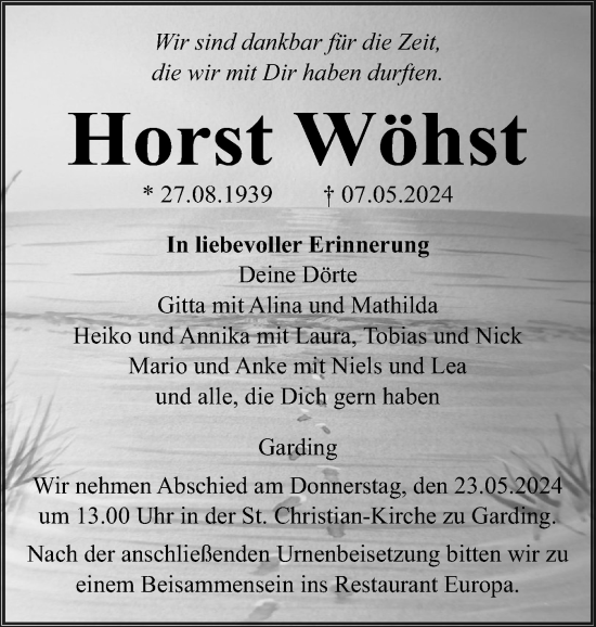 Traueranzeige von Horst Wöhst von Husumer Nachrichten, Nordfriesland Tageblatt