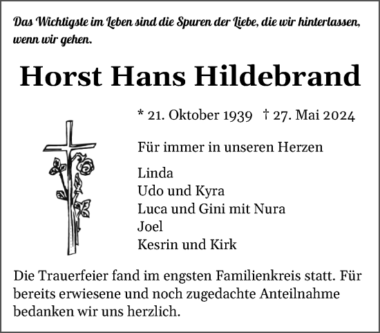 Traueranzeige von Horst Hans Hildebrand von Norddeutsche Rundschau, Wilstersche Zeitung, Glückstädter Fortuna