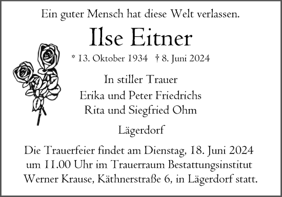 Traueranzeige von Ilse Eitner von Norddeutsche Rundschau, Wilstersche Zeitung, Glückstädter Fortuna