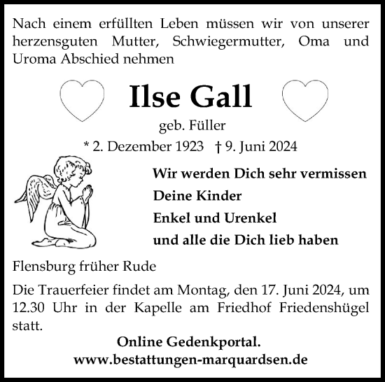 Traueranzeige von Ilse Gall von Flensburger Tageblatt